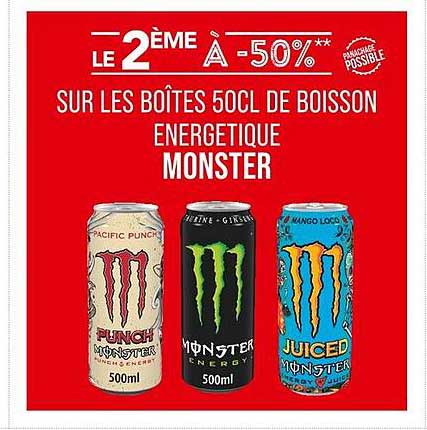 LE 2ÈME À -50% SUR LES BOÎTES 50CL DE BOISSON ÉNERGÉTIQUE MONSTER