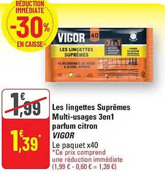 Les lingettes Suprêmes Multi-usages 3en1 parfum citron VIGOR