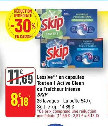 Lessive en capsules Tout en 1 Active Clean ou Fraîcheur Intense SKIP