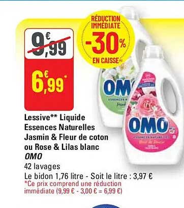 Lessive** Liquide Essences Naturelles Jasmin & Fleur de coton ou Rose & Lilas blanc OMO