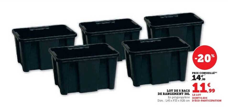 LOT DE 5 BACS DE RANGEMENT 30L