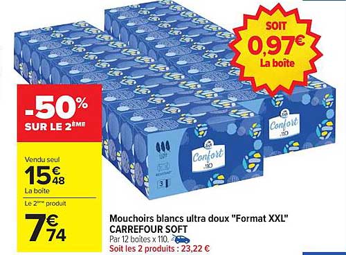 Mouchoirs blancs ultra doux 'Format XXL' CARREFOUR SOFT