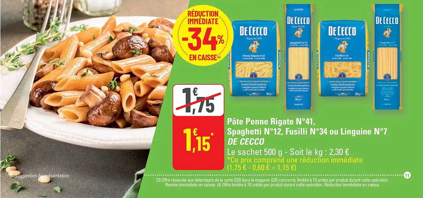 Pâte Penne Rigate N°41, Spaghetti N°12, Fusilli N°34 ou Linguine N°7 DE CECCO