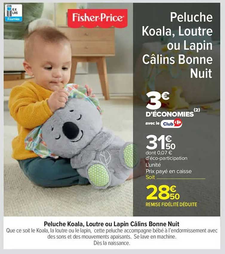 Peluche Koala, Loutre ou Lapin Câlins Bonne Nuit