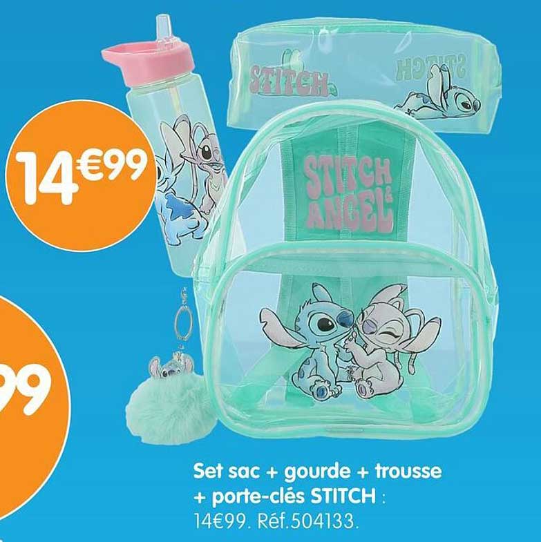 Set sac + gourde + trousse + porte-clés STITCH :