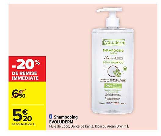 Shampoing EVOLUDERM Pluie de Coco, Délice de Karite, Ricin ou Argan Divin, 1L