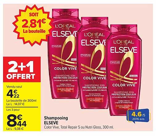 Shampooing ELSEVE Color Vive, Total Repair 5 ou Nutri Gloss, 300 ml