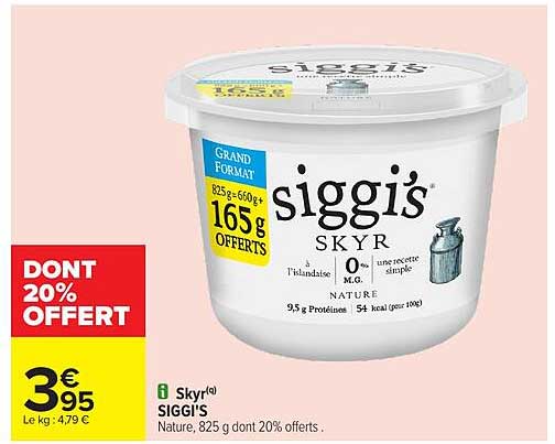 SIGGI'S Skyr Nature 825 g dont 20% offerts