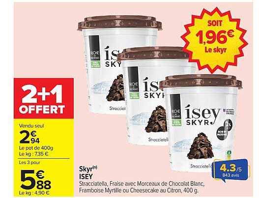 Skyr Isey – Stracciatella, Fraise avec Morceaux de Chocolat Blanc, Framboise Myrtille ou Cheesecake au Citron