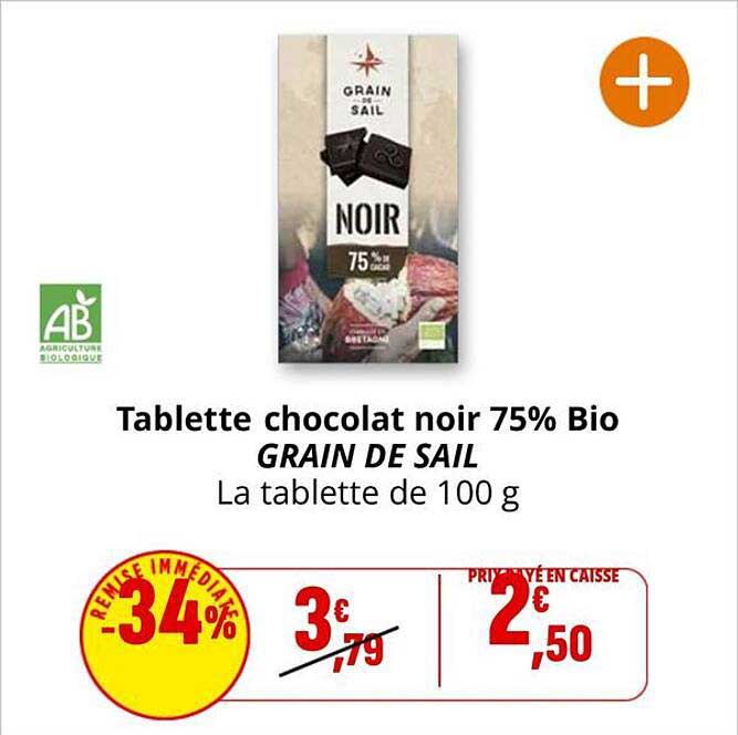 Tablette chocolat noir 75% Bio GRAIN DE SAIL