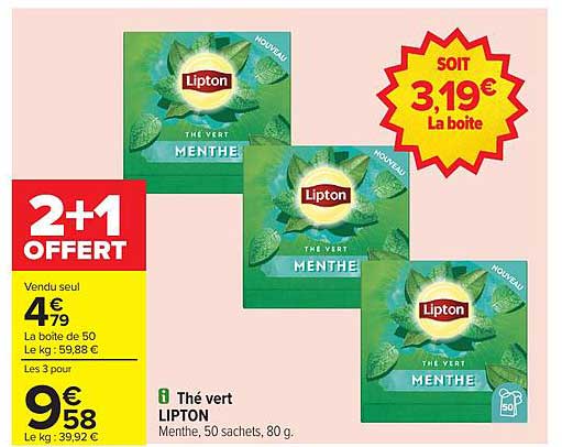 Thé vert LIPTON Menthe, 50 sachets, 80 g