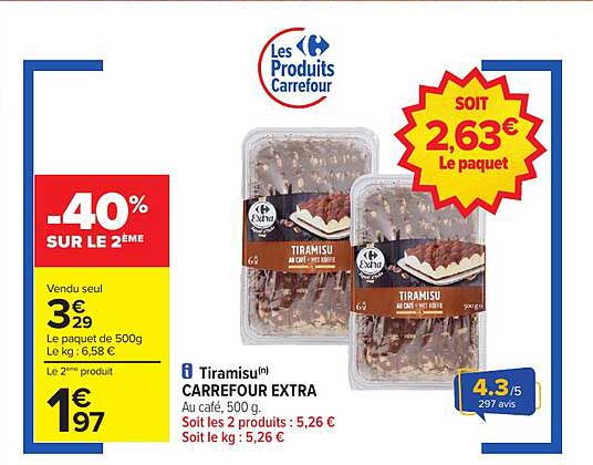 Tiramisu Carrefour Extra - Au café, 500 g