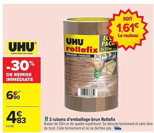 UHU rollafix - 3 rubans d'emballage brun