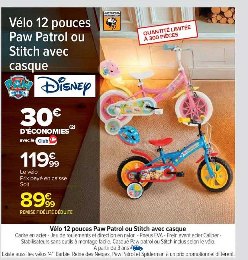 Vélo 12 pouces Paw Patrol ou Stitch avec casque