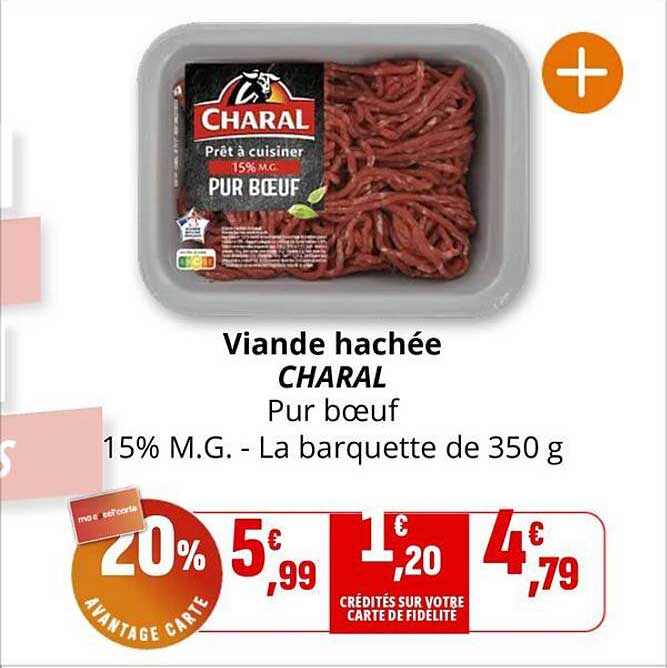 Viande hachée CHARAL Pur bœuf 15% M.G. - La barquette de 350 g