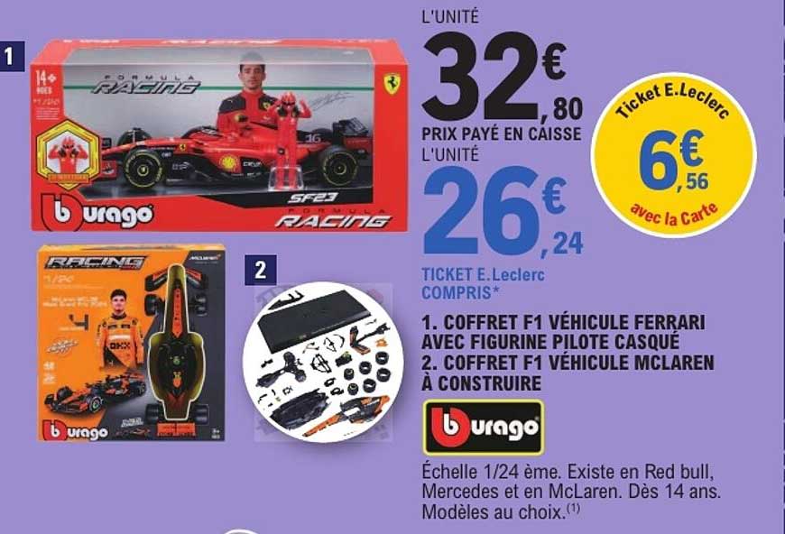 1. COFFRET F1 VÉHICULE FERRARI AVEC FIGURINE PILOTE CASQUÉ 2. COFFRET F1 VÉHICULE MCLAREN À CONSTRUIRE