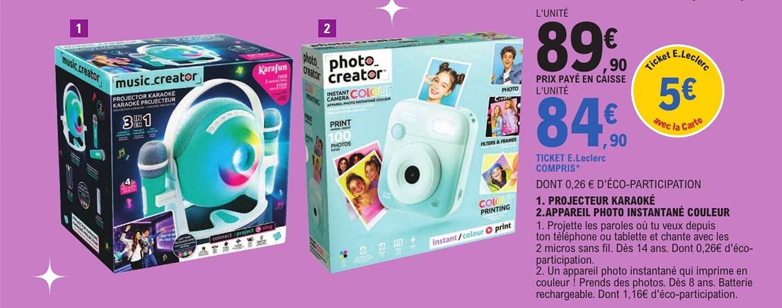 1. PROJECTEUR KARAOKÉ 2. APPAREIL PHOTO INSTANTANÉ COULEUR