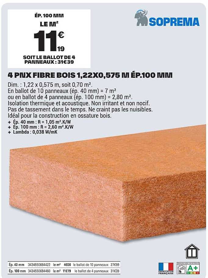 4 PNX FIBRE BOIS 1,22X0,575 M ÉP.100 MM