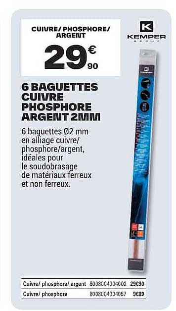 6 Baguettes cuivre phosphore argent 2mm