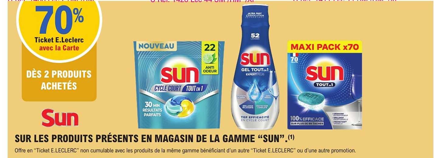 70% Ticket E.Leclerc avec la Carte dès 2 produits achetés sur les produits présents en magasin de la gamme “Sun”