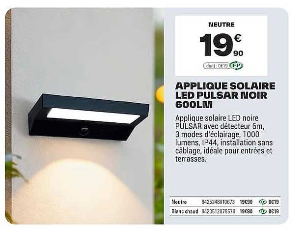 APPLIQUE SOLAIRE LED PULSAR NOIR 600LM
