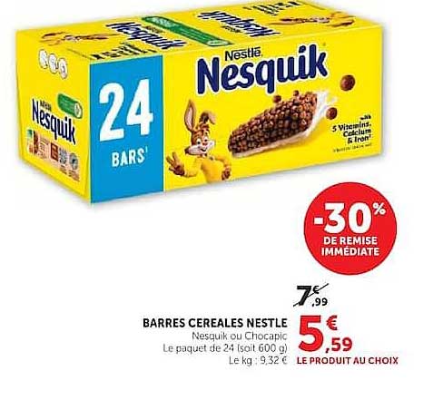 BARRES CEREALES NESTLE Nesquik ou Chocapic Le paquet de 24 (soit 600 g)