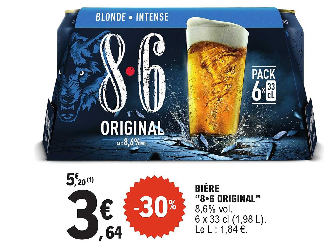 BIÈRE “8•6 ORIGINAL” 8,6% vol. 6 x 33 cl (1,98 L). Le L : 1,84 €.