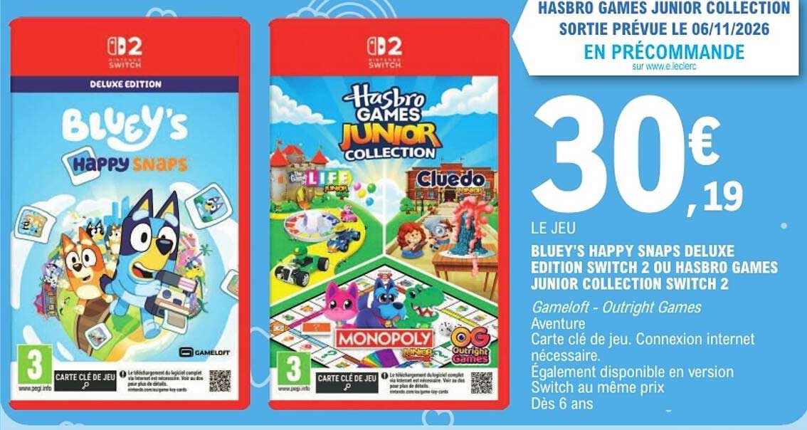 BLUEY'S HAPPY SNAPS DELUXE EDITION SWITCH 2 OU HASBRO GAMES JUNIOR COLLECTION SWITCH 2
