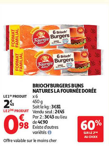 BRIOCH'BURGERS BUNS NATURES LA FOURNÉE DORÉE x 6 450 g