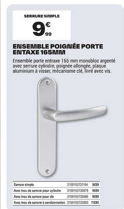 ENSEMBLE POIGNÉE PORTE ENTRAXE 165MM