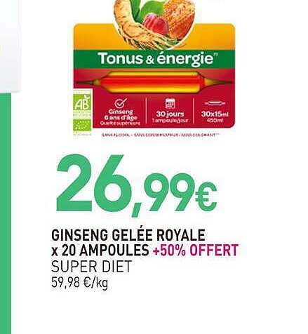 GINSENG GELÉE ROYALE x 20 AMPOULES +50% OFFERT SUPER DIET