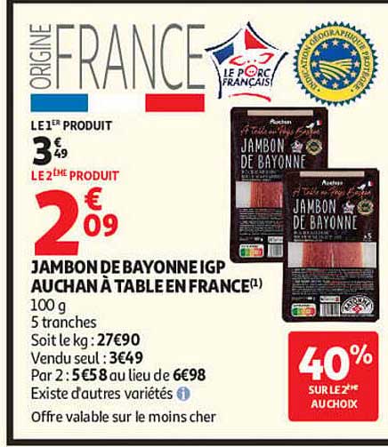 JAMBON DE BAYONNE IGP AUCHAN À TABLE EN FRANCE