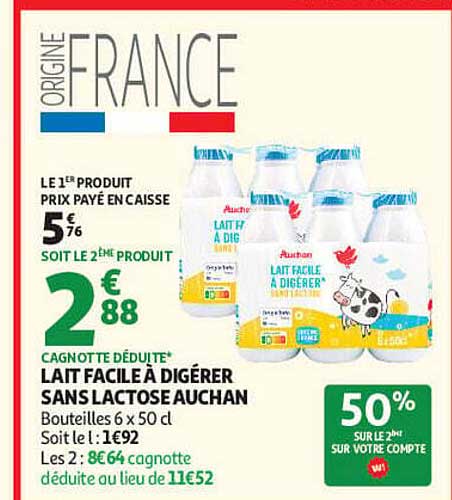 LAIT FACILE A DIGÉRER SANS LACTOSE AUCHAN