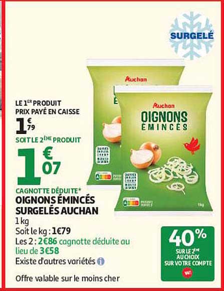 LE 1er PRODUIT PRIX PAYÉ EN CAISSE € 1,79 / SOIT LE 2ème PRODUIT € 1,07 CAGNOTTE DÉDUITE* OIGNONS ÉMINCÉS SURGELÉS AUCHAN