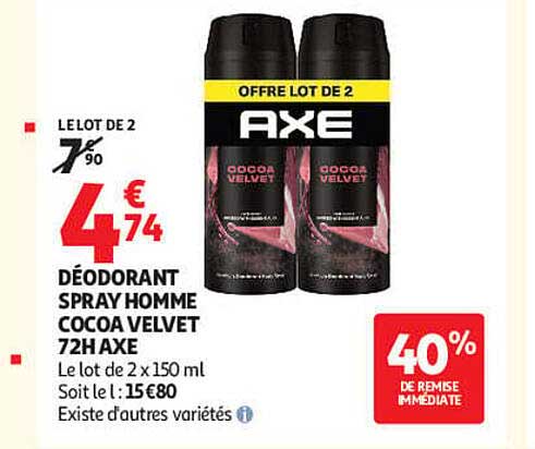 LE LOT DE 2 AXE DÉODORANT SPRAY HOMME COCOA VELVET 72H AXE