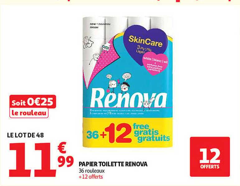 LE LOT DE 48 PAPER TOILETTE RENOVA 36 rouleaux +12 offerts