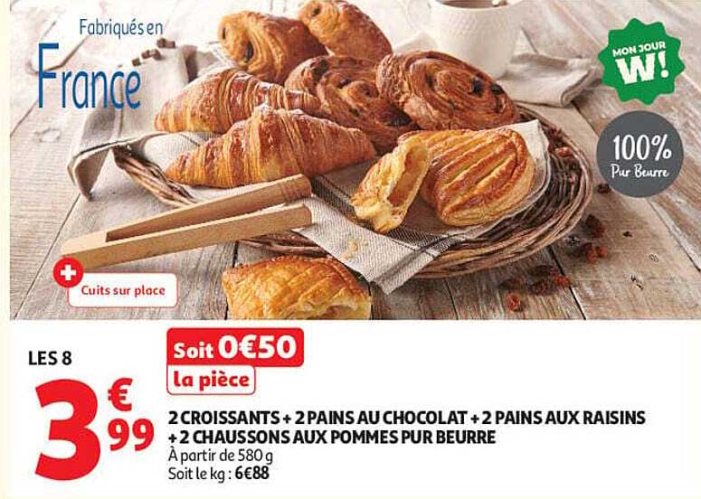 LES 8 2 CROISSANTS + 2 PAINS AU CHOCOLAT + 2 PAINS AUX RAISINS + 2 CHAUSSONS AUX POMMES PUR BEURRE