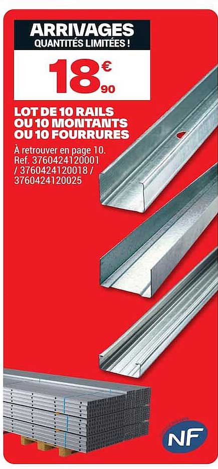 LOT DE 10 RAILS OU 10 MONTANTS OU 10 FOURRURES