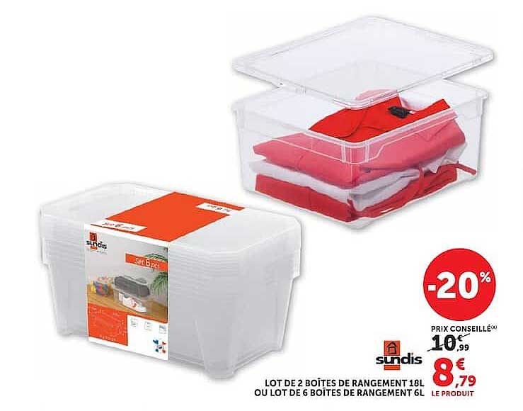 LOT DE 2 BOÎTES DE RANGEMENT 18L OU LOT DE 6 BOÎTES DE RANGEMENT 6L