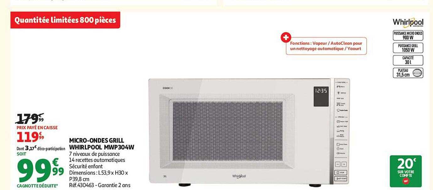 MICRO-ONDES GRILL WHIRLPOOL MWP304W