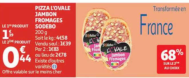 PIZZA L'OVALE JAMBON FROMAGES SODEBO 200 g