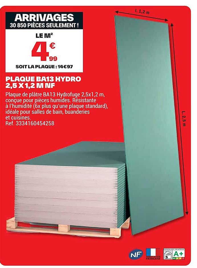PLAQUE BA13 HYDRO 2,5 X 1,2 M NF