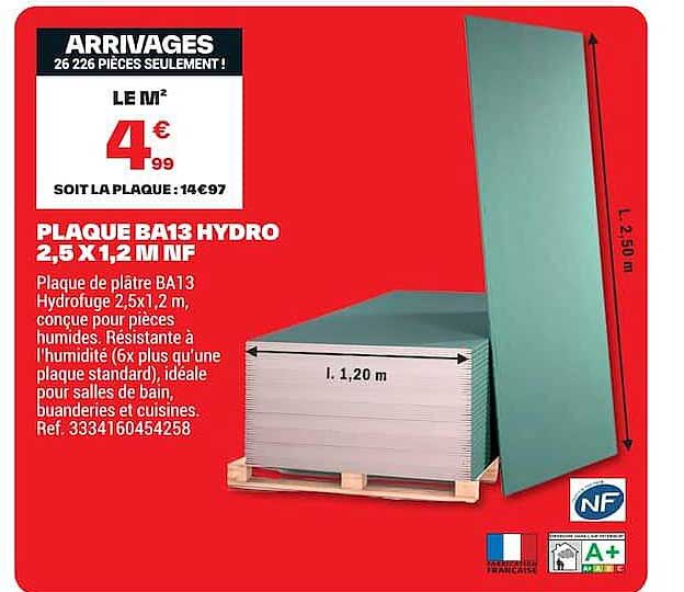 PLAQUE BA13 HYDRO 2,5 X 1,2 M NF