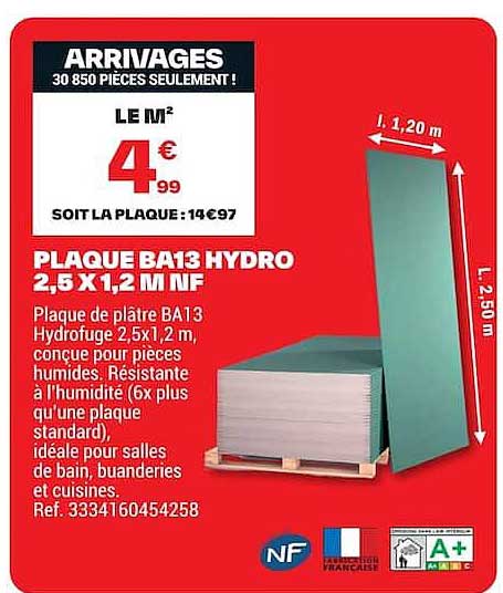 PLAQUE BA13 HYDRO 2,5 X 1,2 M NF