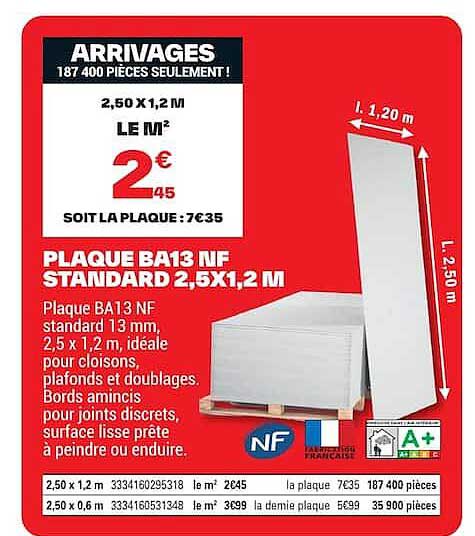 PLAQUE BA13 NF STANDARD 2,5X1,2 M