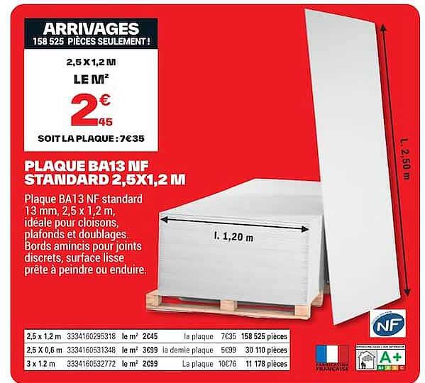 PLAQUE BA13 NF STANDARD 2,5X1,2 M