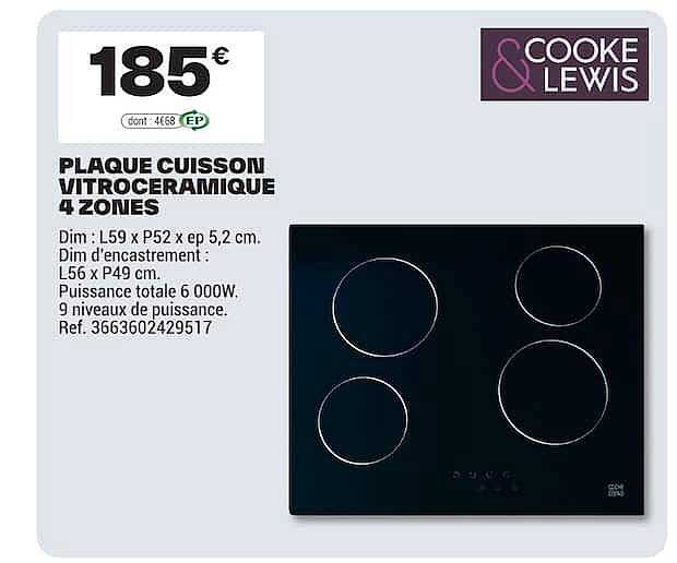 PLAQUE CUISSON VITROCÉRAMIQUE 4 ZONES