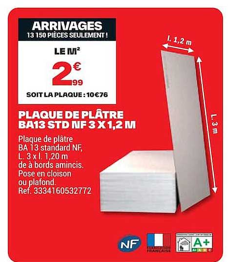 PLAQUE DE PLATRE BA13 STD NF 3 X 1,2 M