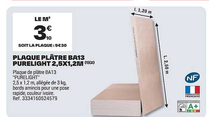 PLAQUE PLÂTRE BA13 PURELIGHT 2,5X1,2M (1)(2)
