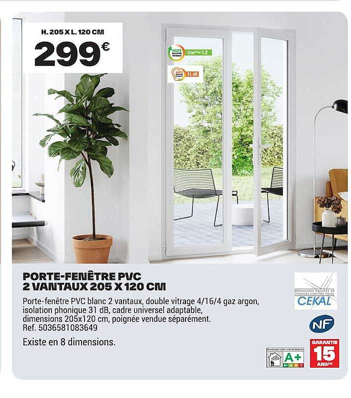 PORTE-FENÊTRE PVC 2 VANTAUX 205 X 120 CM